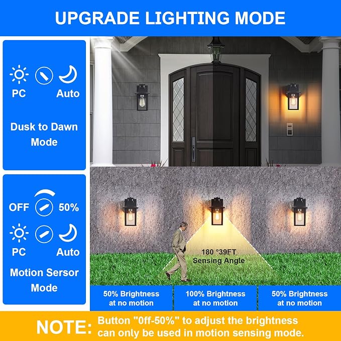Porch Lights with GFCI Outlet,Dusk to Dawn Motion Sensor Outdoor Lights | 3 Light Modes Black Front Door Lights,Waterproof Outside Wall sconces for House,Patio,Garage, Bulb not Included(2 Pack)