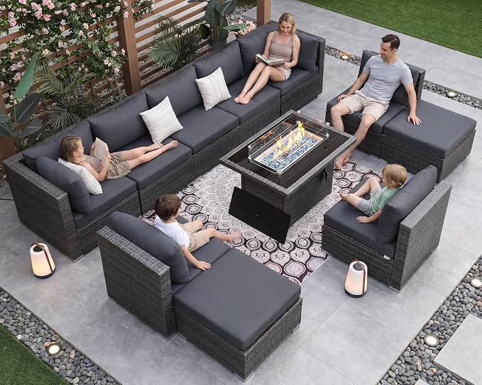 NICESOUL 11 Piece Outdoor Furniture Set with Firepit, Luxury Big 10-Person Patio Sectional, Chill 29.3'' High-Back Backyard Seating Area, All-Weather Rattan Couch Set for Outside, Deck, Dark Grey