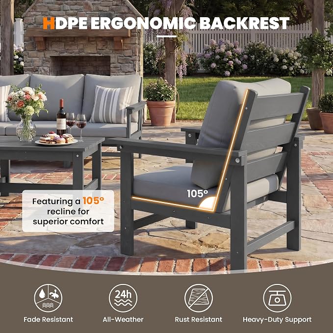 HDPE Patio Furniture Set 6 Piece Outdoor Furniture Sets Modular Sofa Set with Cushion All Weather Patio Conversation Set for Yard Garden Poolside Deck