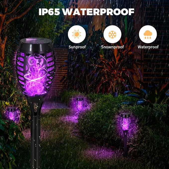 8 Pack Solar Lights Outdoor, Purple Flickering Flame Torches | Purple Flickering Flame, Long Nighttime Glow, Auto-On at Dusk, IP65 Weather-Resistant, Tool-Free Ground Setup