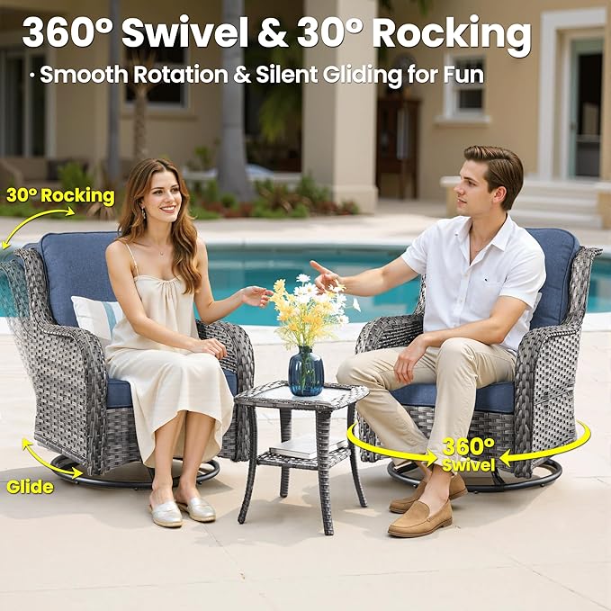 ovios 7-Pieces Patio Furniture Set with 42" Fire Pit Table Swivel Chairs, Outdoor Wicker Sofa Couch Gliders Rocker, High Back Modern Conversation Set, Grey Rattan, Denim Blue
