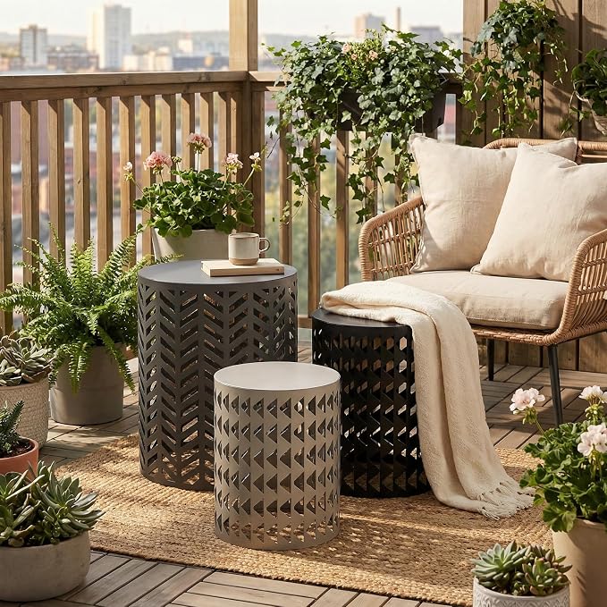 ITEFDTUTNE Outdoor Side Table Set of 3,Metal Outdoor End Tables for Patio Small Round Accent Table for Poolside Backyard Balcony Gazebo Indoor