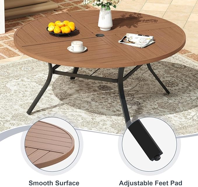 VICLLAX 7 Pieces Patio Outdoor Dining Set, 6 Swivel Textilene Chairs and 53" Round Metal Table with Umbrella Hole for Porch, Deck, Garden, Walnut/Brown