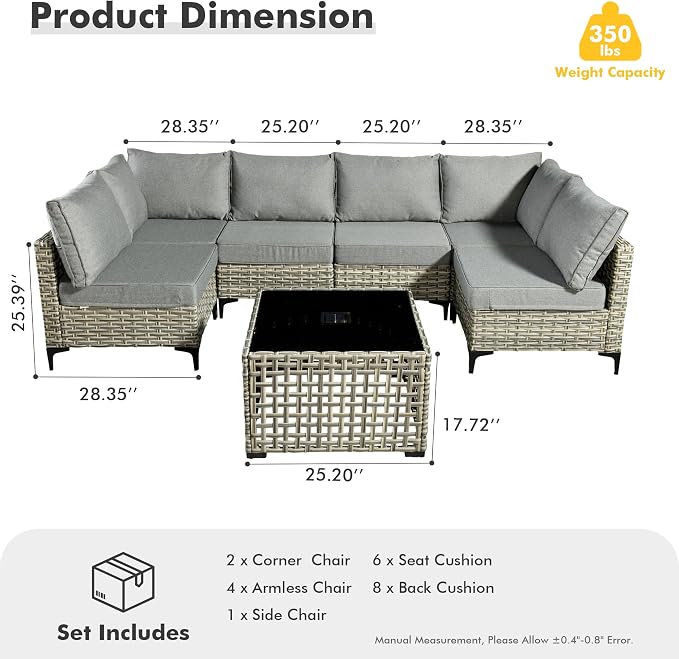 7 Pieces Wicker Patio Furniture Set,Outdoor Sectional Sofa with Coffee Table Comfy Cushions,Modern Modular Deep Seat Rattan Couch Conversation Set,Dark Grey