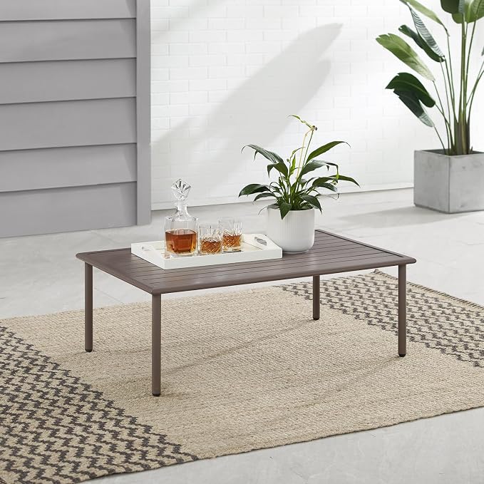 HomeStock Island Oasis Outdoor Metal Coffee Table with Slatted Top,Powder-Coated,Sturdy Weather-Proof Steel,Hand-Painted,Durable - 23.5" D x 39.25" W x 13.75" H Light Brown