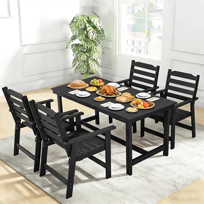 FUNBERRY Outdoor Dining Table, HDPE 6-Person Patio Table with Umbrella Hole | Wood-Grain, HDPE All Weather, No Rot or Rust or Crack, UV Fade Shield, 220LBS Weight Capacity, Easy-Clean for Outside