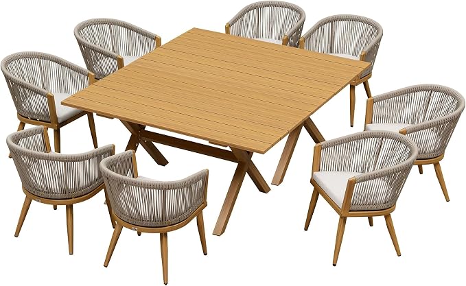 PURPLE LEAF Patio Dining Set for 8 All-Weather Wicker Woodgrain Aluminum 10 Piece Oversized Outdoor Table and Chairs Set Included Cushions for Backyard Indoor Kitchen Outdoor Furniture Set Teak Color