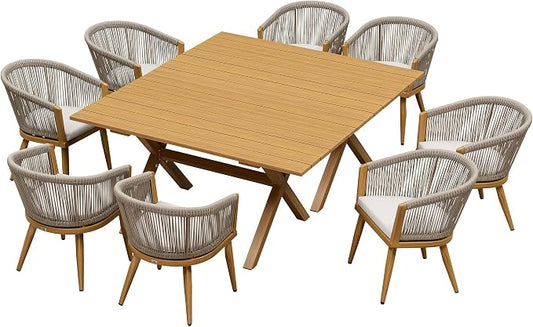 PURPLE LEAF Patio Dining Set for 8 All-Weather Wicker Woodgrain Aluminum 10 Piece Oversized Outdoor Table and Chairs Set Included Cushions for Backyard Indoor Kitchen Outdoor Furniture Set Teak Color