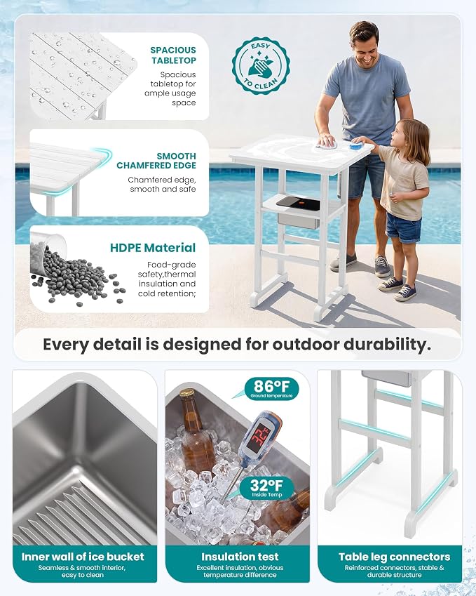 SERWALL Adirondack Bar Chairs and Table 5 Pieces Set with Umbrella, HDPE Bar Height Chairs Set of 2 and Bar Table with Ice Bucket, Outdoor Bar Stools Set for Balcony, Poolside, Backyard, White