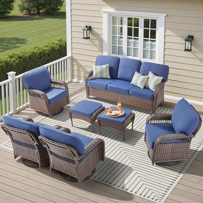 7 PCS Patio Furniture Set Outdoor Sectional Sofa Couch with Rocking Swivel Chairs 5" Deep Seat Chairs, Modern Wicker Rattan Conversation Set, Blue/Brown Wicker