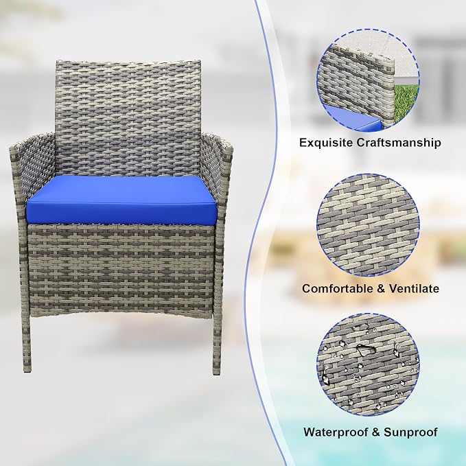3 Piece Patio Furniture Set, Outdoor Patio Wicker Sofa Set with Upholstery and Glass Storage Coffee Table, All Weather Conversation Rattan Set for Garden, Porch, Lawn, Pool