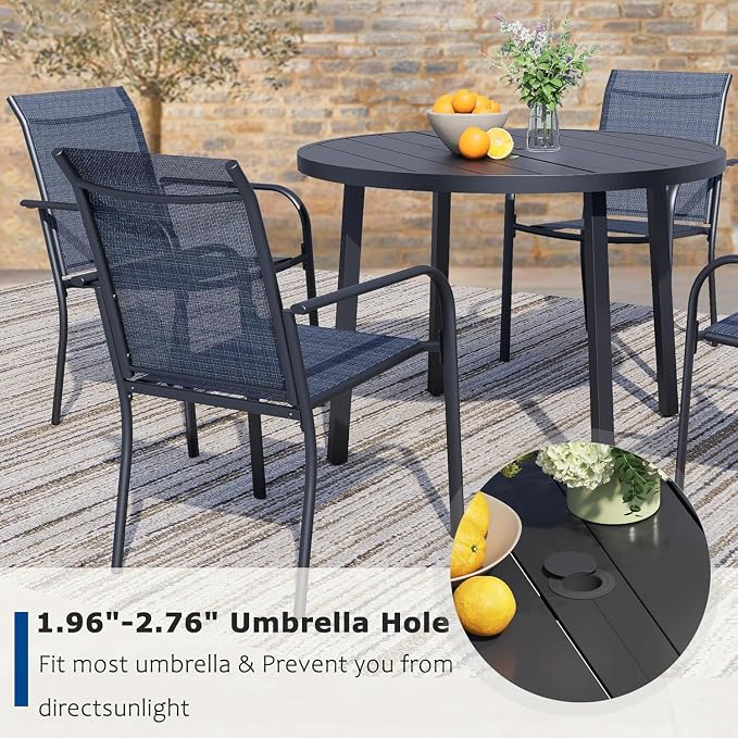 9 Pieces Patio Dining Set for 8, Dark Blue Patio Stackable Chairs and Black Round Table Set of 8, Outdoor Furniture Set with Sling Support for Outside, Garden