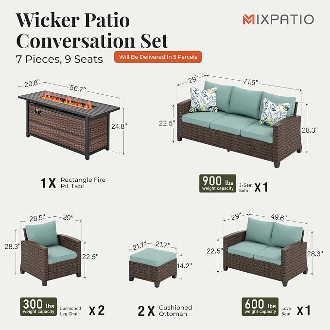MIXPATIO Patio Furniture Set, 7 Pcs Wicker Rattan Outdoor Conversation Set, 2 x Leg Chairs, 1 x 3 Seater Sofa, 1 x 2-Seat Lover Sofa and 2 x Ottomans with 4" Thick Cushion and 56" Fire Pit Table, Blue