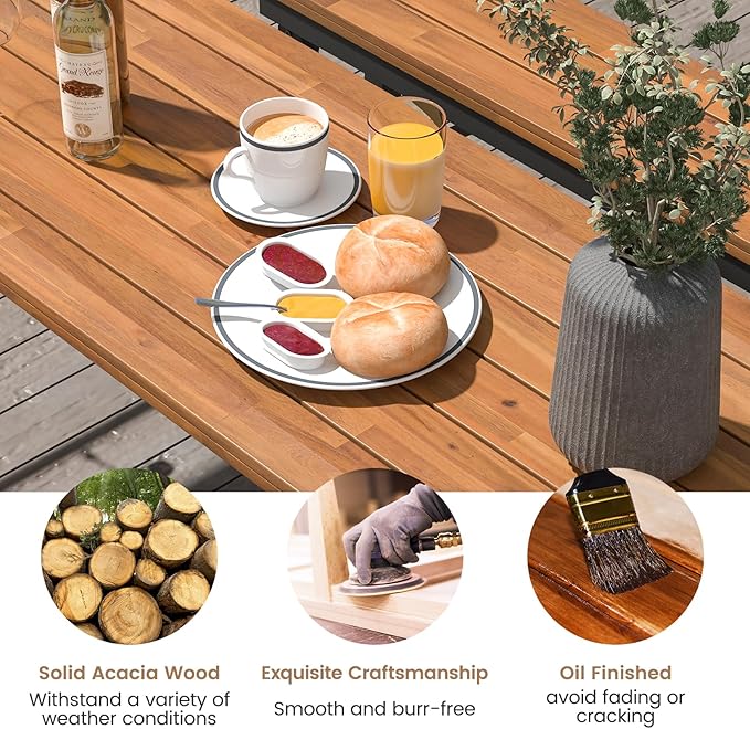 HAPPYGRILL Folding Picnic Table Acacia Wood Dining Table with Metal Frame, Portable Camping BBQ Table, Rectangular Dining Table for Indoor Outdoor Activities Garden Yard Patio