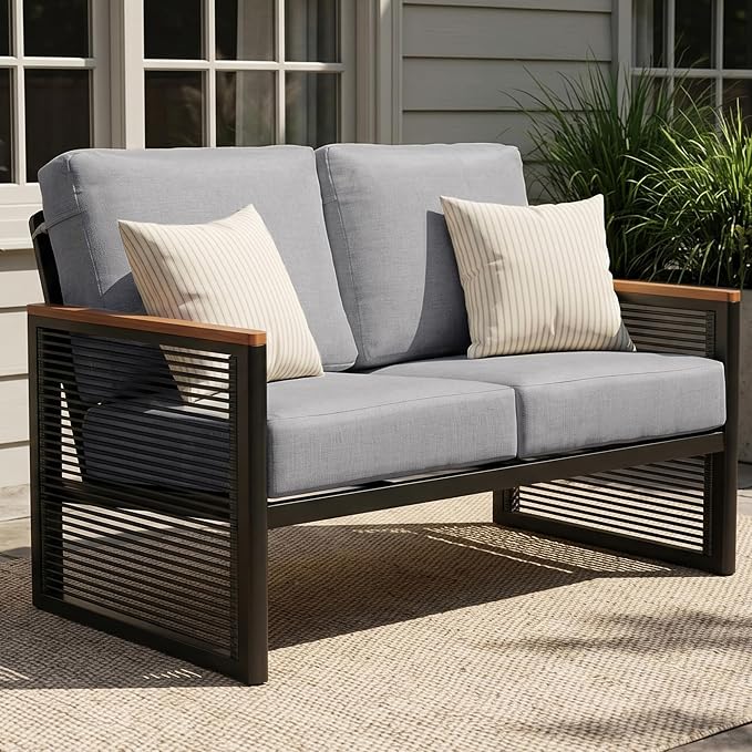 NATURAL EXPRESSIONS Aluminum Patio Loveseat Sofa, Outdoor Couch Furniture with Fauxwood Armrest, 6" Olefin Cushion, Rattan Side-armrest, All-Weather Outside Couch for Porch, Yard, Balcony, Deck
