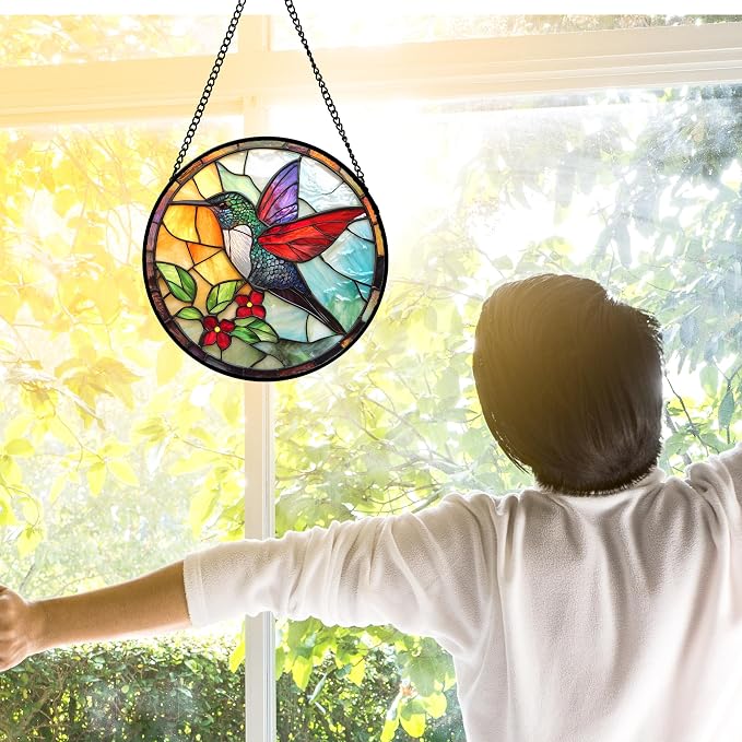 DASTOLL Stained Glass Window Hanging, Hummingbird Gifts Sun Catchers Diamond Glass Panel Hangings Birds Suncatcher Decor for Birthday for Women, Men, Wife, Aunt, and Mom 11.8x11.8 in