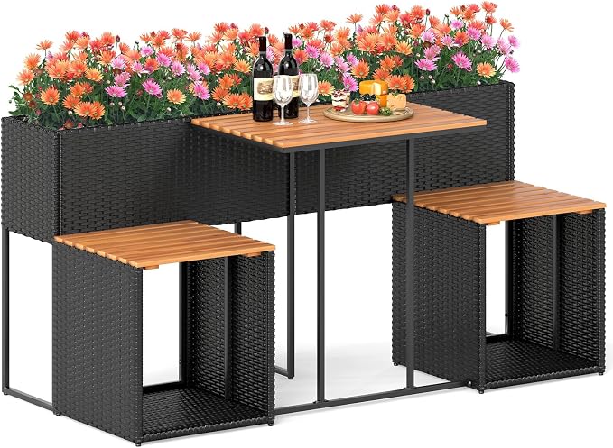 HAPPYGRILL Patio Furniture Set with Raised Garden Bed, Rattan Table Chairs Set with Storage, Acacia Wood Outdoor Seating and Flower Box Set for Backyard, Porch, Deck