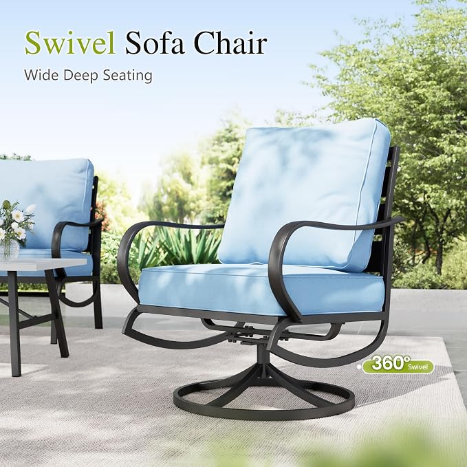 Sophia & William Patio Furniture Sets for 7 Outdoor Conversation Set 6 Pcs with 4 x Armrest Cushioned Sofa Chairs, 1 x 3-Seat Sofa, 1 Marbling Metal Coffee Table Garden Backyard Poolside Blue