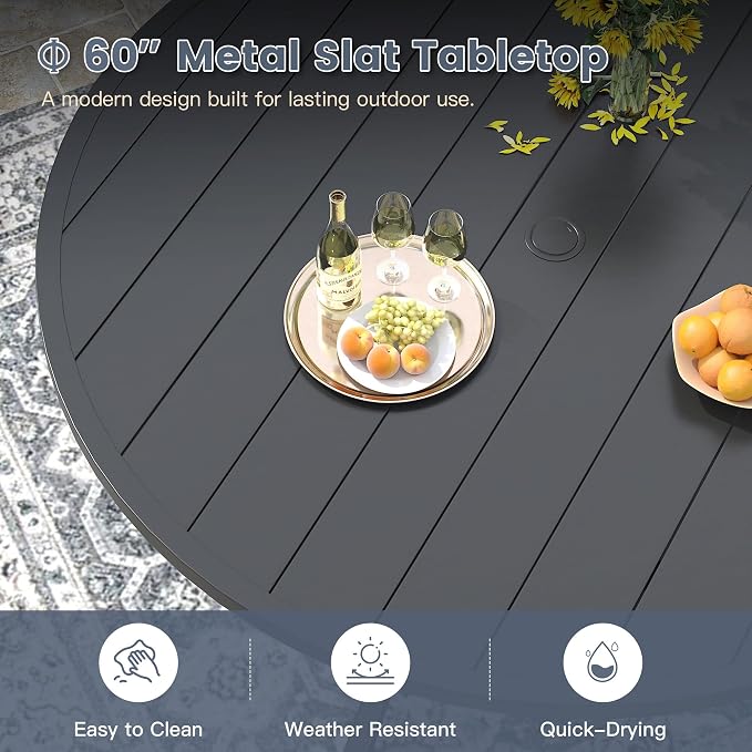 VICLLAX 11 Pieces Patio Outdoor Dining Set, 60" Round Metal Table with Umbrella Hole and 10 Stackable Textilene Chairs for Patio, Lawn, Garden, Porch, Black/Grey