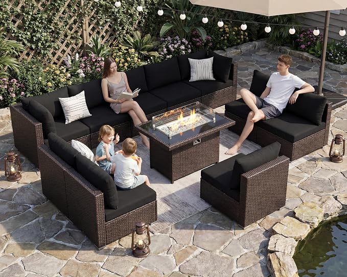 NICESOUL 11 Piece Outdoor Furniture Set with Firepit, High Weight Capacity 10-Seater Patio Sectional, 29.3'' High-Back Backyard Seating, All-Weather Rattan Couch Sets for Outside, Deck, Brown & Black