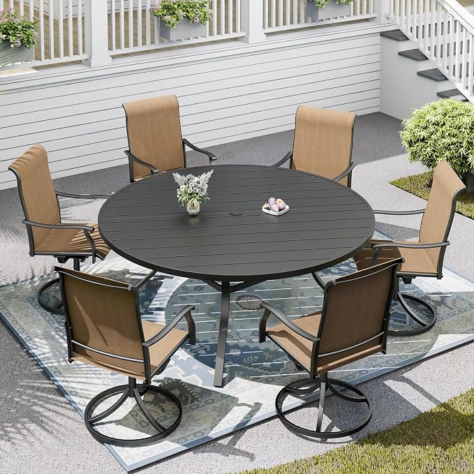 58"x 58"x 28" Patio Table and Chairs Set,6-Pieces Outdoor Swivel Dinging Chairs,Black Round Metal Table with Umbrella Hole,Outside Furniture Set for Patio,Deck,Porch,Backyard