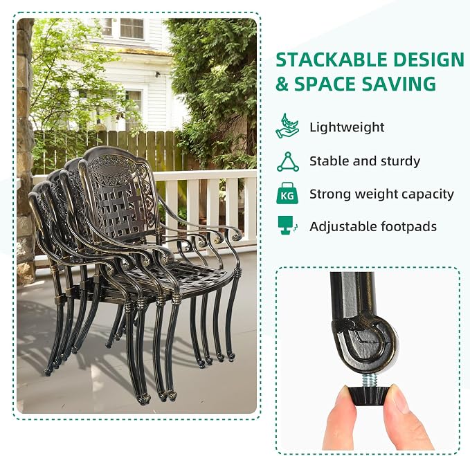VIVIJASON 9-Piece Outdoor Cast Aluminum Dining Set, Rust-Free Classic Vintage Patio Furniture Set, Include 8 Cushioned Chairs and an Oval Table with Umbrella Hole for Lawn Backyard, Ocean Blue Cushion