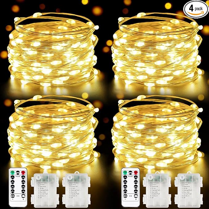 4 Pack Fairy Lights Battery Operated with Remote 33FT 100 LED Warm White | Remote Control, 8 Modes, Timer, Adjustable brightness, Waterproof Lights for Indoor Outdoor Classroom Christmas Decor