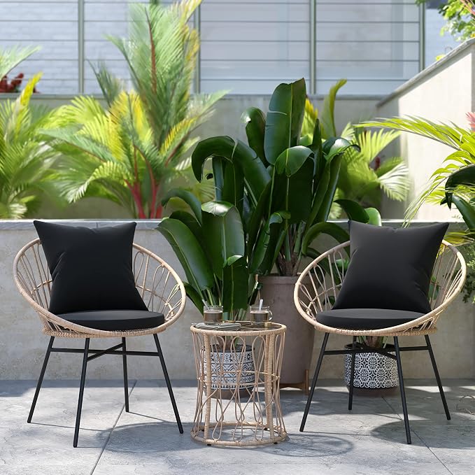 EMMA + OLIVER Ari 3 Piece Boho Patio Set - Tan Finish Faux Rattan Rope Chairs - Black Removable Cushions - Tempered Glass Top Side Table - Indoor/Outdoor