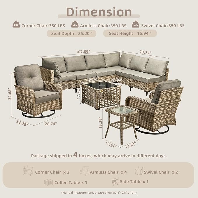 CAODOC Outdoor Sectional Patio Furniture Set,10 Pieces Wicker Conversation Sets L Shaped Couch,Out Door Sofa Outside Furniture with Swivel Chairs,Dark Gray