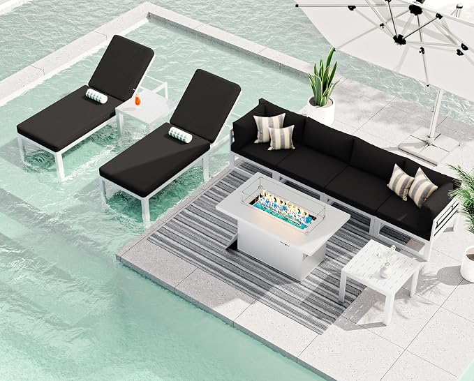 RADIATA 6 Seat Large Aluminum Patio Conversation Set with Lounge & Fire Pit Table, 29" Deep Wide Seat, High End Modular Sectional Seating, 500 lbs Heavy Duty Anti-Rust Outdoor Sofa for Poolside, Black