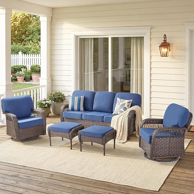 5 PCS Patio Furniture Set Outdoor Sectional Sofa Couch with Rocking Swivel Chairs 5" Deep Seat Chairs, Modern Wicker Rattan Conversation Set, Blue/Brown Wicker