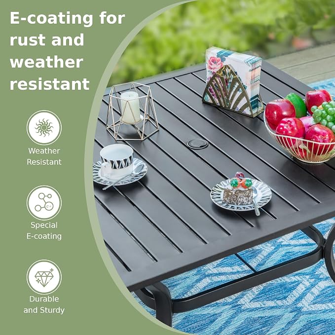 PHI VILLA 37" Metal Steel Slat Patio Dining Table Square Backyard Bistro Table Outdoor Furniture Garden Table, 1.57” Umbrella Hole, Black