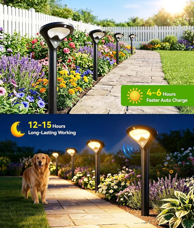 400LM Solar Pathway Lights Outdoor with Motion Sensor, 4 Pack | 3 Modes Security Solar Yard Lights, Larger Glass Panel, Waterproof Path Lights for Walkways, Garden, Patios, Driveways, Black