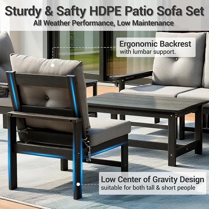 7-Piece HDPE Patio Conversation Set w/ 4 Cup Holders, All-Weather Outdoor Sectional Furniture, Thick Washable Cushions, Coffee Table & Side Table for Backyard Porch Poolside, Grey