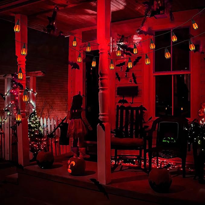 Solar String Lights for Outside, 21Ft Solar Gazebo Lights with 10 Flickering Flame Light Bulbs, Waterproof Red Solar Powered Outdoor Light for Garden Blackyard Patio porch Bistro Cafe Halloween Decor