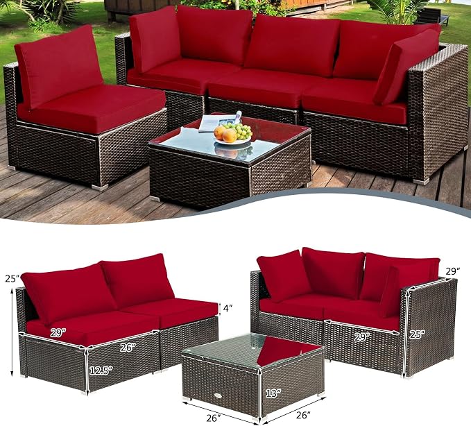DORTALA 5 Pieces Patio Furniture Set, Outdoor Rattan L-Shaped Corner Sofa Set with Cushions, Coffee Table, Patio Sectional Conversation Set for Backyard Porch Garden Poolside, Red