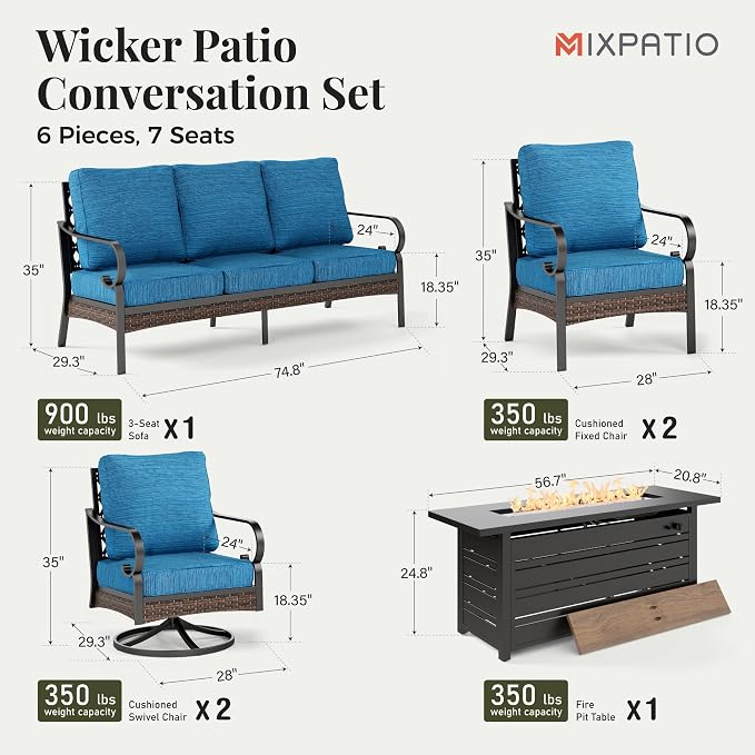 MIXPATIO Patio Furniture Set with Fire Pit Table, Metal Outdoor Conversation Set with 5.75'' Extra Thick Cushion, 2 Swivel Chairs, 2 Leg Chairs, 3-Seat Sofa and Gas Fire Pit Table, Pacific Blue