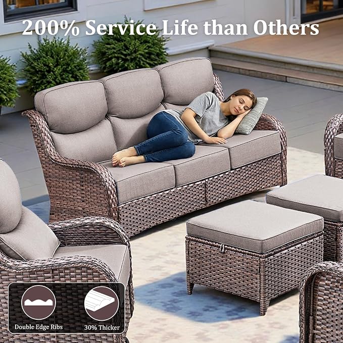 3 Pieces Patio Furniture Sofa Set with 6" Thick Cushions, High Back Wicker Sectional Outdoor Sofa with Ottoman, Outdoor Conversation Set for Balcony Deck Porch Backyard, Brown/Grey