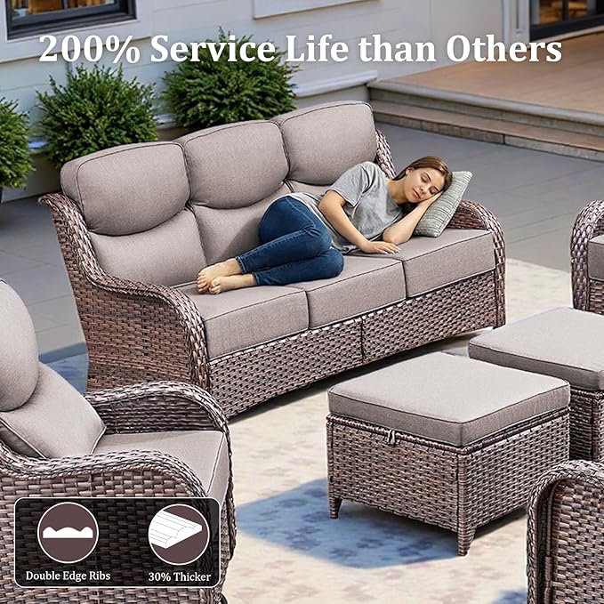 Luxury High Back Patio Furniture Set with 6-Inch Thick Cushions, 4-Pieces Outdoor Furniture with Swivel Chairs Fire Pit, Wicker Conversation Set for Porch, Balcony, Deck and Yard, Brown/Grey