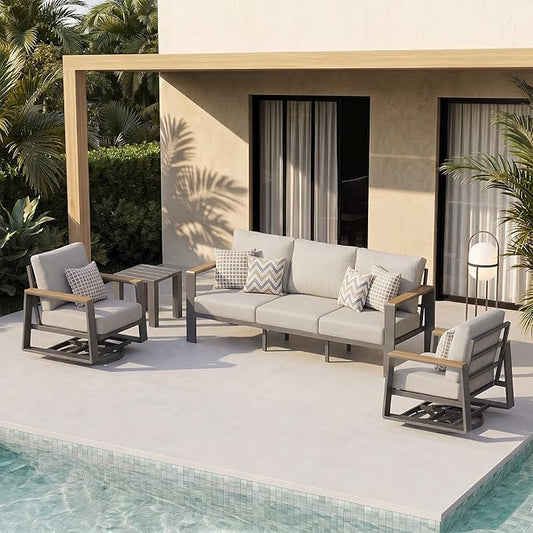 Aluminum Outdoor Patio Furniture Set, 4-Piece Patio Conversation Set with 5" Thick Cushions, Aluminum 360-Degree Large Outdoor Furntiure Set with Side Table and 3-Seat Sofa, Gray