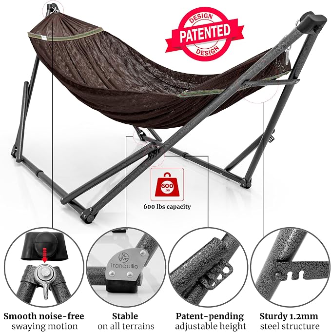 Tranquillo Combo x2 Hammocks with Stand for Outside & Tree Straps, Heavy Duty Hammock with Stand 600lbs for Indoor Outdoor Patio Backyard, x2 Hammocks for 2 Person (Combo - Brown, Medium)