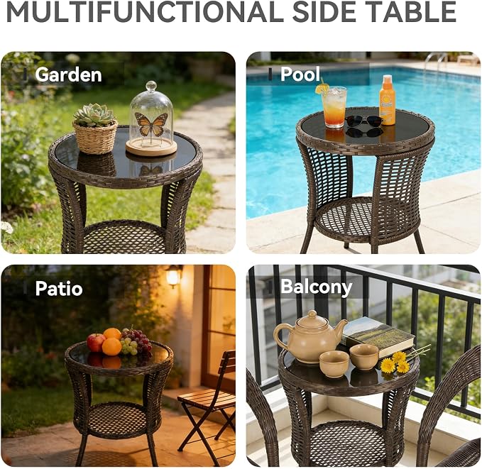 Kinfant Round Outdoor Wicker Side Table - with Tempered Glass Top, Patio End Table with Unique Shape, Storage Shelf for Balcony, Porch, Deck, Garden, Weather-Resistant, Easy Assembly, Black Gold