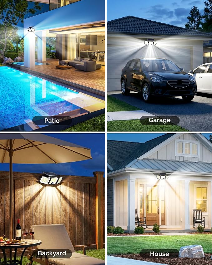 Brightown 1 Pack Solar Flood Outdoor Lights with Motion Sensor 3 Modes | 2500LM 223 LED Solar Outdoor Lights, 3 Head 270° Wide Angle Street Area IP65 Waterproof Security Wall Lights with Remote