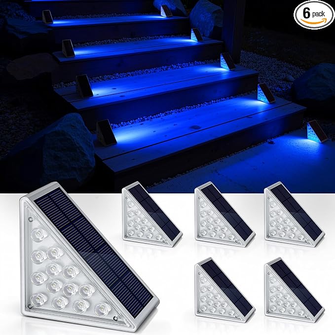 Solar Step Lights,6 Pack Blue LED Outdoor Step Lights, Stair Lights Outdoor for Patio, Fence, Yard, Walkway, Solar Powered Auto On/Off, IP67 Waterproof, Easy Install