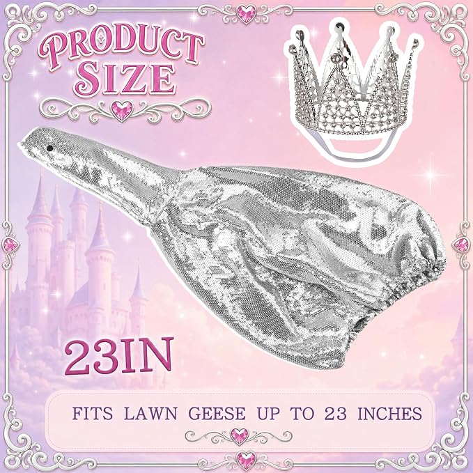 Silver Sequin Porch Goose Outfit with Crown for 23 Inch Lawn Geese, Sparkly Princess Porch Goose Dress Clothes for Party, Birthday, New Year, Patio Yard Garden Decor