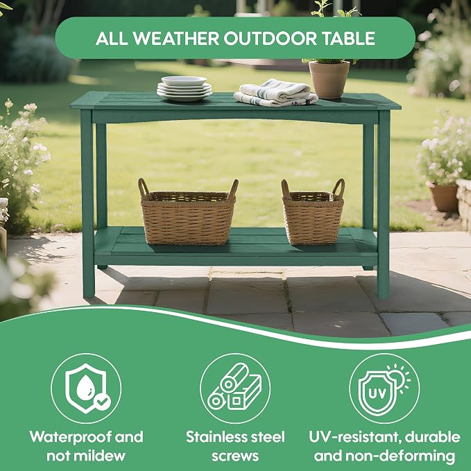 Weatherproof HIPS Outdoor Console Table, 48'' 2-Shelf Side Table Indoor/Outdoor Use, Multifunctional Buffet Table Bar Storage Organizer for Entryway, Patio, Outside Plant Stand Table, Green
