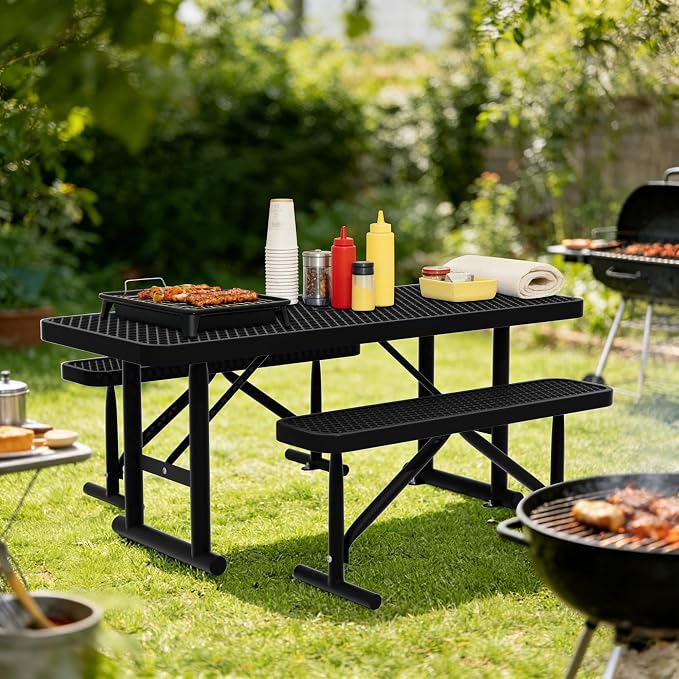 4FT Picnic Tables for Outdoors, Black Rectangular Heavy Duty Commercial Picnic Table with Umbrella Hole, Weather-Resistant Camping Table Dining Table for Backyard, Patio, Garden, Shops, Parks
