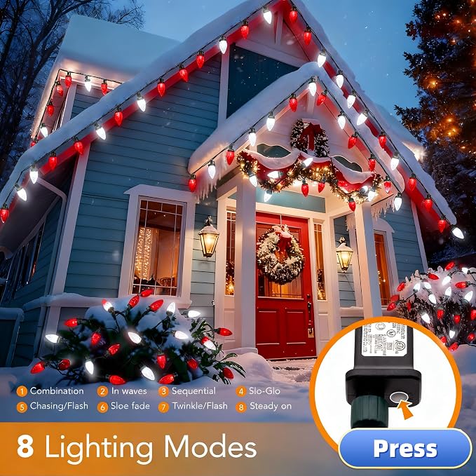 C9 LED Christmas Lights Outdoor,33 Feet 50 LED 8 Lighting Modes Waterproof Connectable Christmas String Lights for Outside Roofline Patio Home Xmas Decorations (Red & White)