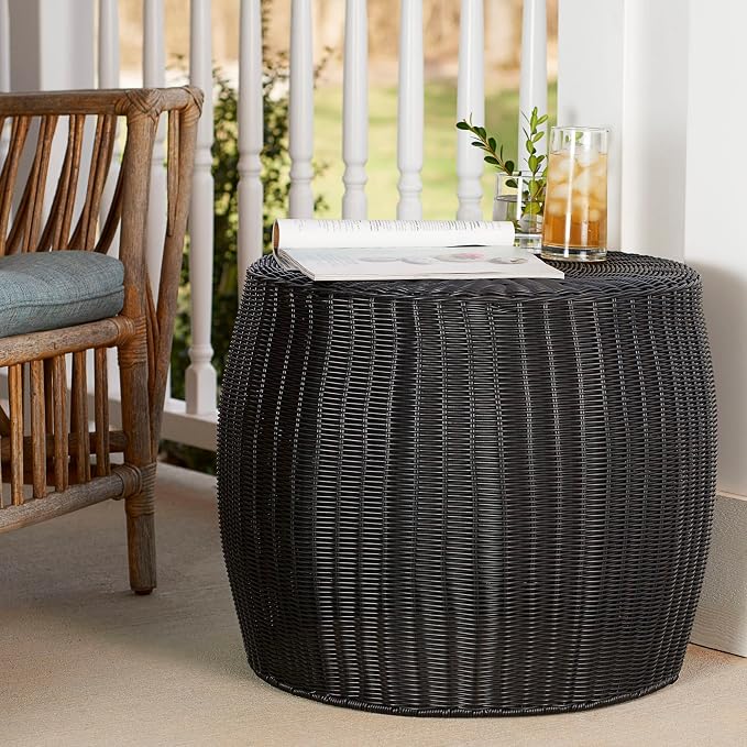Household Essentials Handwoven Resin Barrel Side Table Storage Container, Black 18” H x 20” Dia.