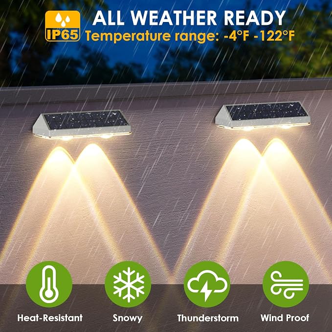 LIANGLOME 2 Pack Solar Fence Lights - 2PK Solar Outdoor Light Warm White/Daylight White/Cold White 3 Mode Deck Lights for Outside, Deck Fences, Stair Railings, Pools and Walls